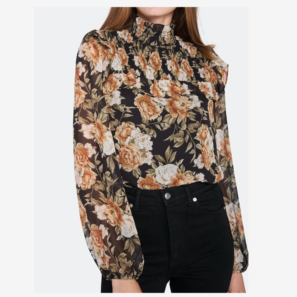NWT En Saison Diane Mock Neck Blouse in Black Floral Size Small